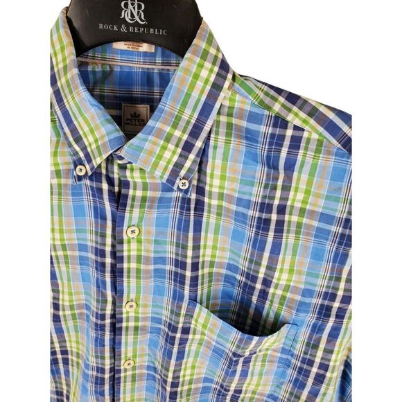 Peter Millar Crown Sport LS Button Down Shirt Men L Plaid Blue Green White Multi - Picture 6 of 11